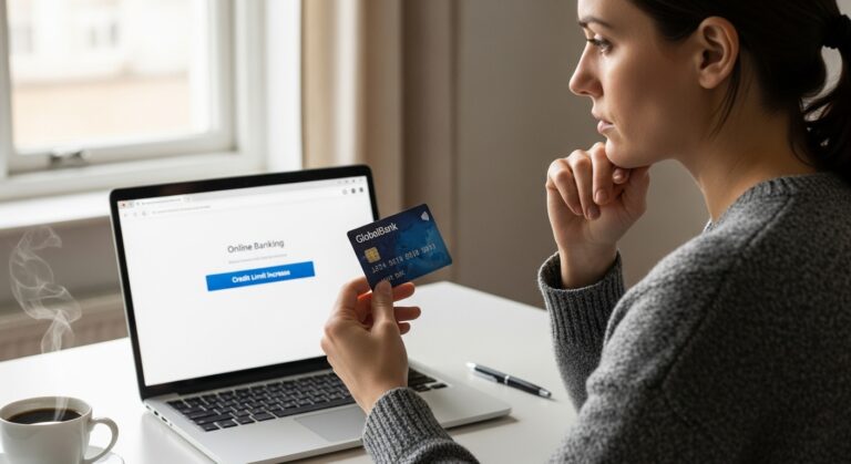 Pessoa com cartão de crédito na mão, de frente a mesa, pensativo se é bom ter o limite aumentado
