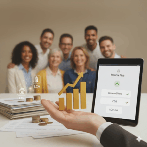 Gráfico 3D de crescimento com moedas e ícones de LCI/LCA, representando investimentos de renda fixa. Ao fundo, pessoas de diversas idades simbolizam "para todos os perfis" e um tablet exibe um aplicativo de investimentos com opções como Tesouro Direto e CDB, e ao lado o símbolo de segurança FGC.