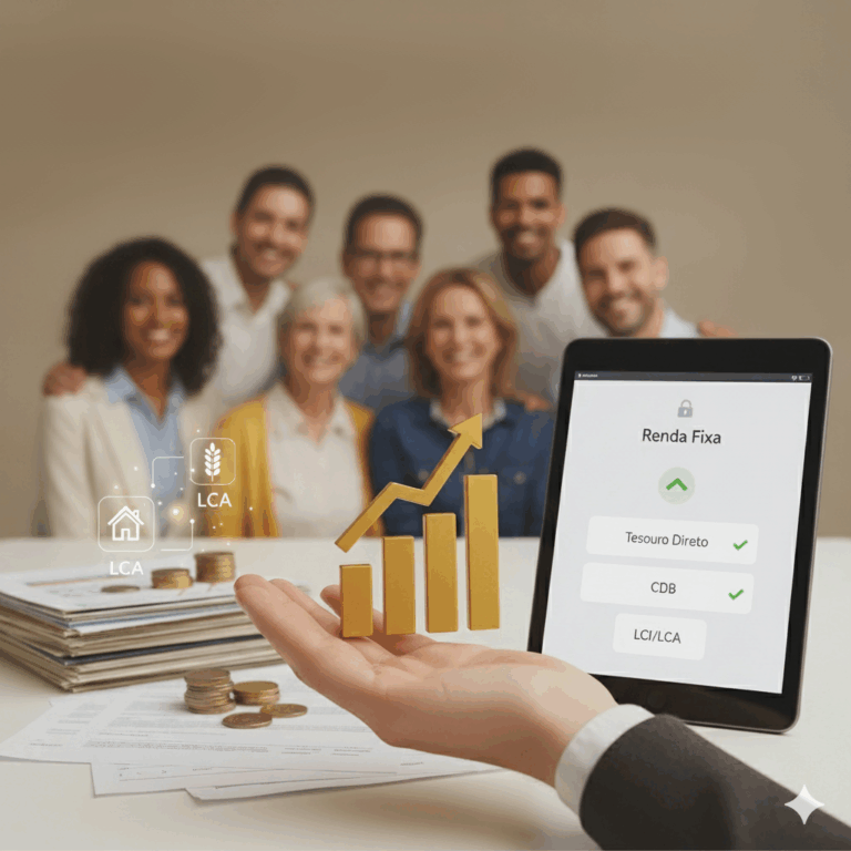 Gráfico 3D de crescimento com moedas e ícones de LCI/LCA, representando investimentos de renda fixa. Ao fundo, pessoas de diversas idades simbolizam "para todos os perfis" e um tablet exibe um aplicativo de investimentos com opções como Tesouro Direto e CDB, e ao lado o símbolo de segurança FGC.