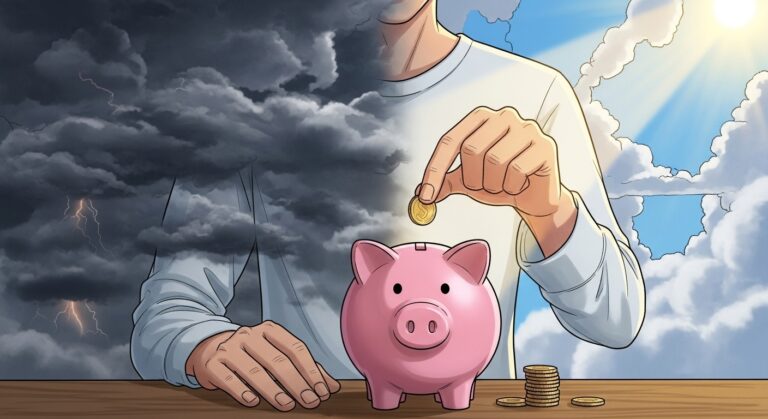 Uma ilustração de uma pessoa guardando moedas em um cofrinho com um fundo de nuvens de tempestade e sol.