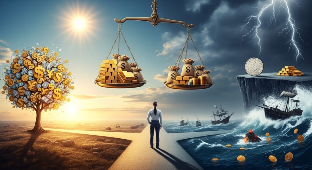 Pessoa em uma encruzilhada financeira entre o sucesso e o risco, com uma árvore de dinheiro e sol à esquerda e tempestade com navios afundando à direita, representando a balança entre os motivos para investir em ações e os riscos do mercado financeiro