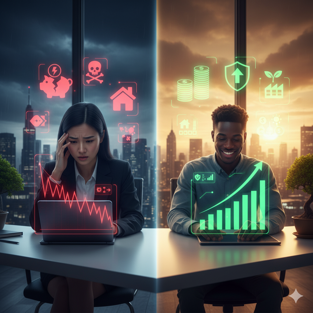 Comparativo visual de riscos e vantagens na Renda Variável: mulher preocupada com gráfico em queda e homem feliz com gráfico em ascensão, ilustrando a imprevisibilidade