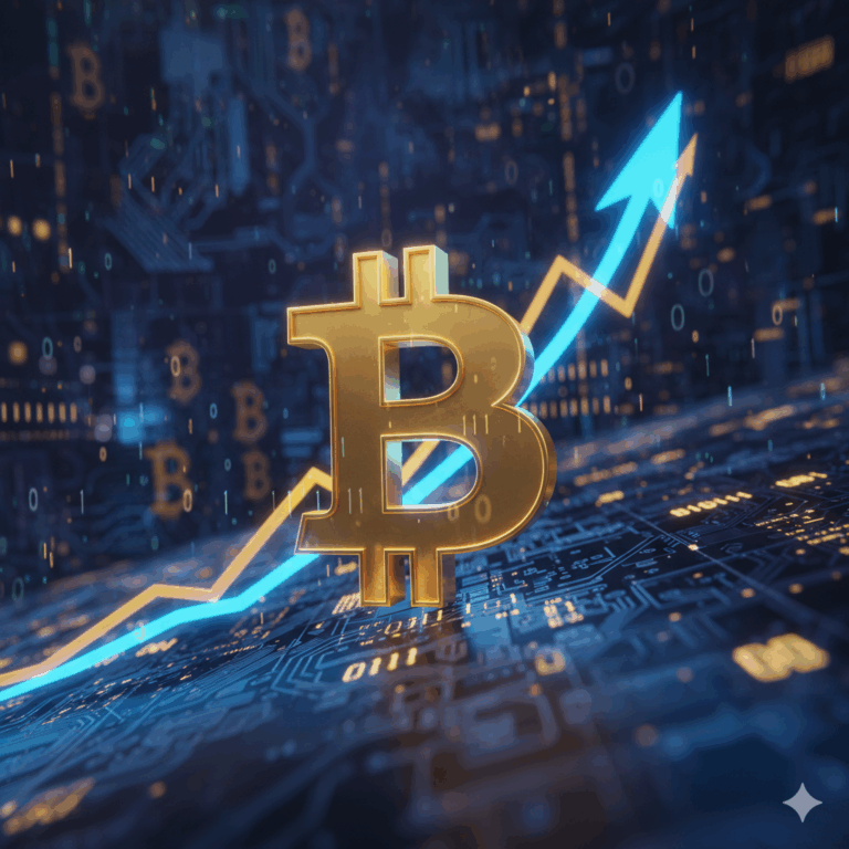 Uma representação abstrata do Bitcoin (o logo BTC) em destaque, com gráficos financeiros de alta e elementos digitais (código, circuitos) ao fundo. A paleta de cores pode ser uma mistura de tons de azul e dourado, sugerindo modernidade e valor.