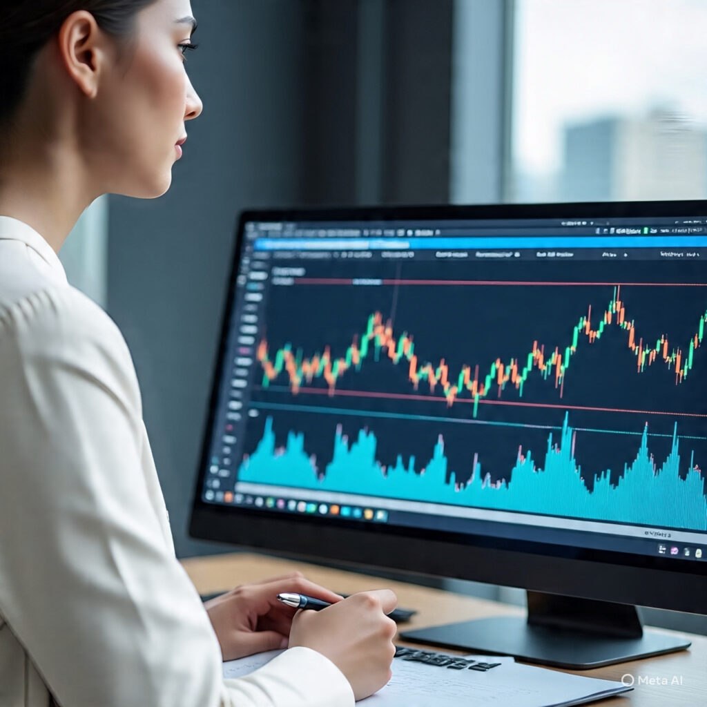 Analista financeira ou trader observando atentamente dados e gráficos de ações para análise técnica.