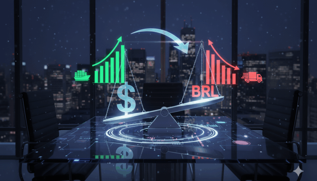 Ilustração do impacto do câmbio (dólar valorizado) nas ações, mostrando balança desequilibrada com o símbolo do dólar em alta, beneficiando exportadoras e prejudicando importadoras