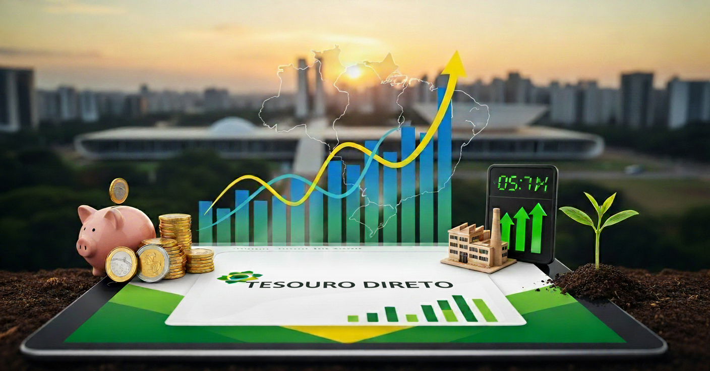 Gráfico de crescimento financeiro com seta amarela para cima e skyline de Brasília ao fundo, ilustrando a aplicação em Tesouro Direto no Brasil, com moedas, cofrinho e broto verde em primeiro plano.