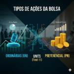 Infográfico comparando os tipos de ações da bolsa de valores: Ordinárias (ON), Preferenciais (PN) e Units (Final 11), destacando direito a voto e prioridade de dividendos