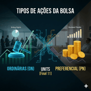 Infográfico comparando os tipos de ações da bolsa de valores: Ordinárias (ON), Preferenciais (PN) e Units (Final 11), destacando direito a voto e prioridade de dividendos