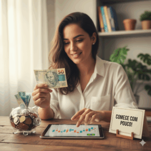 Jovem sorridente segurando uma nota de R$ 50,00 e tocando um tablet que exibe gráficos de investimento (Bolsa de Valores do Brasil). No canto, um cofrinho de vidro com moedas e notas e uma placa com a frase 'COMECE COM POUCO!'. A imagem ilustra o conceito de que o valor mínimo para investir é acessível e que é possível começar a investir com pequenas quantias