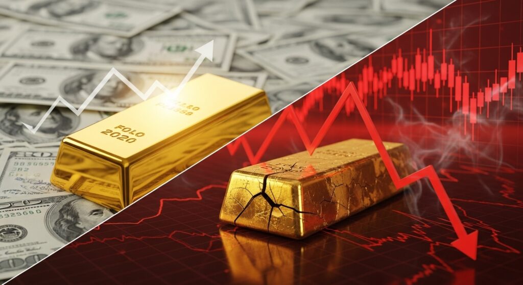 Barras de ouro com seta de valorização sobre dólares e barra de ouro rachada com seta de queda sobre gráfico vermelho, representando vantagens e riscos do investimento em ouro.