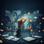 Mão segurando uma moeda de dólar com gráficos financeiros, mapa-múndi e ícones de investimento ao fundo. Ilustra o guia completo sobre mercado financeiro, investimentos e termos como P/L, DY, FIIs e stocks