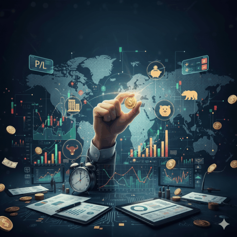 Mão segurando uma moeda de dólar com gráficos financeiros, mapa-múndi e ícones de investimento ao fundo. Ilustra o guia completo sobre mercado financeiro, investimentos e termos como P/L, DY, FIIs e stocks