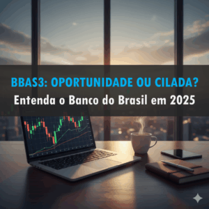 Mesa de investidor com laptop, gráficos de ações no monitor, café e vista panorâmica de prédios, simbolizando análise de mercado financeiro. No meio da foto tem o título: bbas3: oportunidade ou cilada?