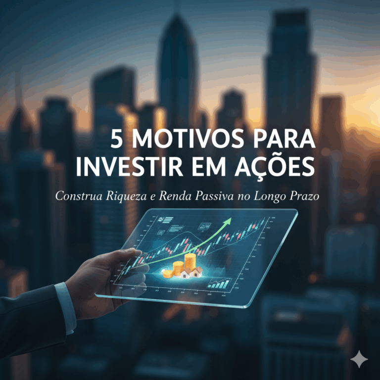Gráfico de barras e linha verde crescente em tablet futurista, com moedas e casas de investimento no horizonte da cidade ao pôr do sol, ilustrando os 5 motivos para investir em ações e a construção de riqueza e renda passiva no longo prazo