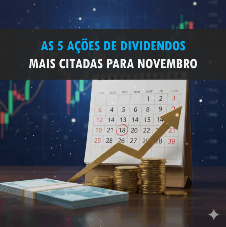Imagem realista de planejamento financeiro com um calendário em destaque, moedas e gráficos de crescimento, representando as 5 ações de novembro para dividendos.