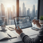 Pessoa em roupa casual analisando gráficos de ações e indicadores de investimento em tablet, com vista para a cidade e documentos financeiros na mesa. Imagem ilustra o processo de como encontrar ações baratas e de qualidade para investidores.