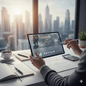 Pessoa em roupa casual analisando gráficos de ações e indicadores de investimento em tablet, com vista para a cidade e documentos financeiros na mesa. Imagem ilustra o processo de como encontrar ações baratas e de qualidade para investidores.