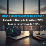 Mesa de investidor com laptop, gráficos de ações no monitor, café e vista panorâmica de prédios, simbolizando análise de mercado financeiro. No meio da foto tem o título: bbas3: oportunidade ou cilada?
