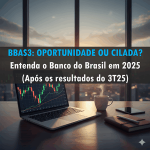 Mesa de investidor com laptop, gráficos de ações no monitor, café e vista panorâmica de prédios, simbolizando análise de mercado financeiro. No meio da foto tem o título: bbas3: oportunidade ou cilada?