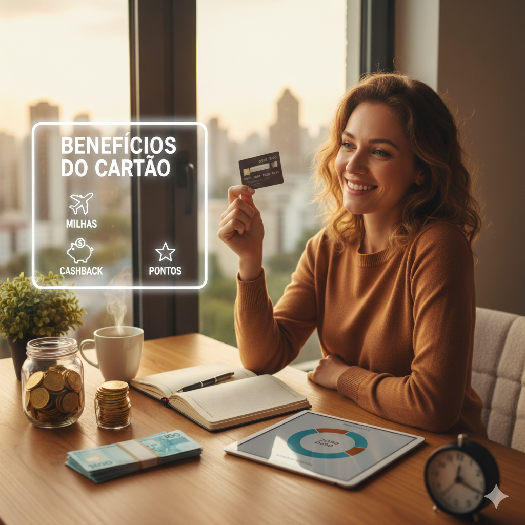 Mulher sorridente segurando um cartão de crédito com um painel virtual exibindo 'Benefícios do Cartão' como milhas, cashback e pontos, ilustrando dicas práticas para uso inteligente.