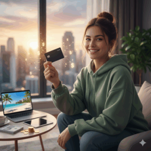 Mulher sorrindo segurando um cartão de crédito Black, com um fundo desfocado que sugere finanças e o tema de viagens. Ilustra as 7 dicas essenciais para conseguir um cartão de crédito sem anuidade que pontua com foco em milhas e cashback.