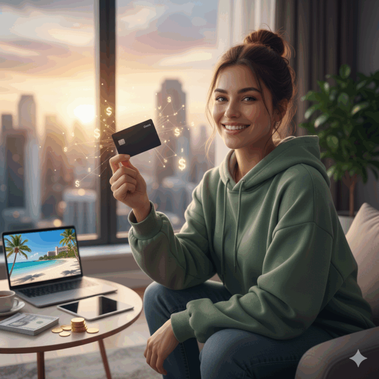 Mulher sorrindo segurando um cartão de crédito Black, com um fundo desfocado que sugere finanças e o tema de viagens. Ilustra as 7 dicas essenciais para conseguir um cartão de crédito sem anuidade que pontua com foco em milhas e cashback.