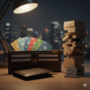 Carteira física aberta com moedas e cartões simbolizando o conceito de diversificação de investimentos e a gestão de risco