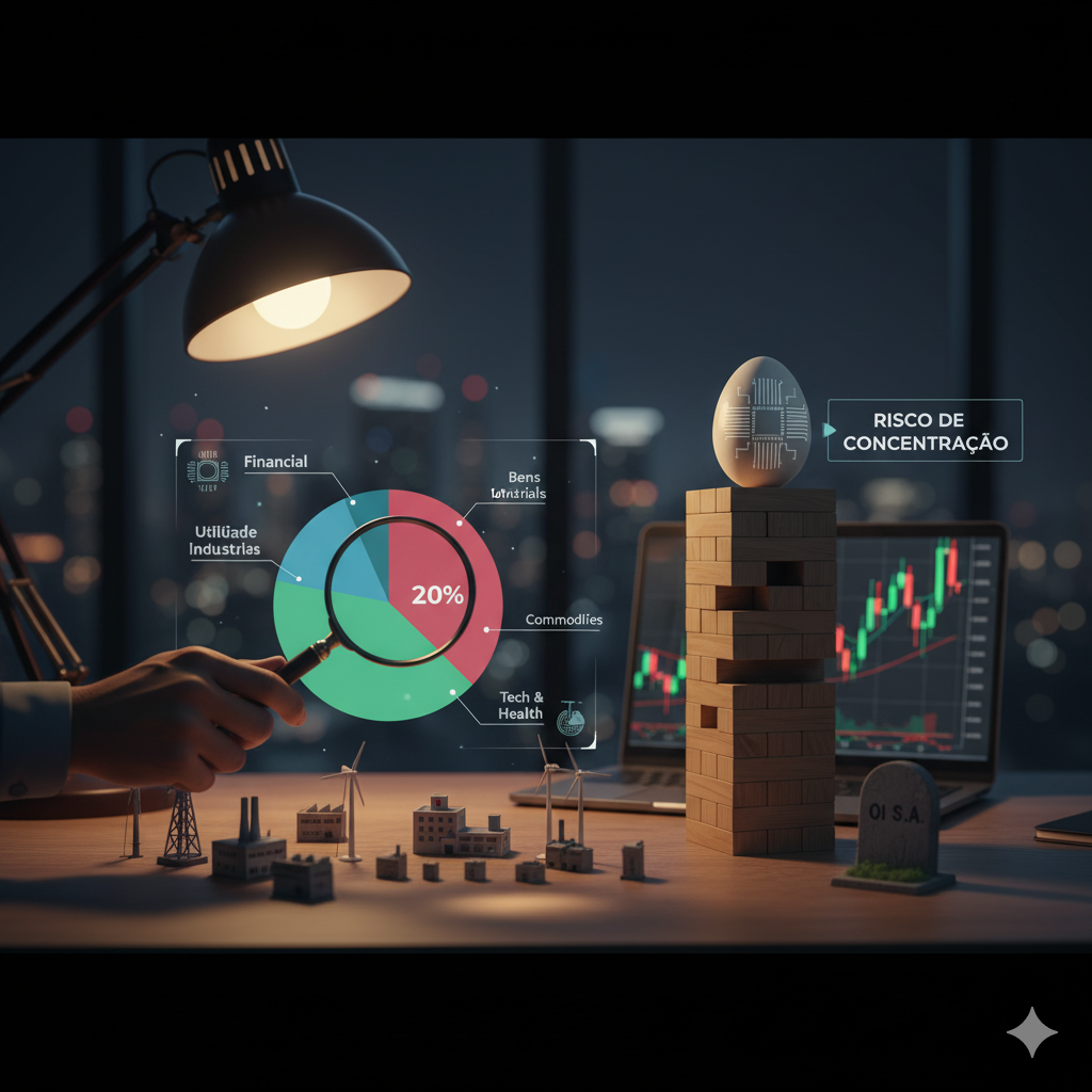 Gráfico de diversificação de investimentos mostrando o risco de concentração em uma carteira de ações com elementos de capital e falência da Oi S.A
