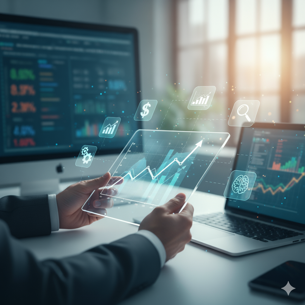 Pessoa de negócios analisando gráficos financeiros e indicadores de mercado em uma tela de vidro futurista, com um laptop e monitores ao fundo, simbolizando a análise fundamentalista de ações