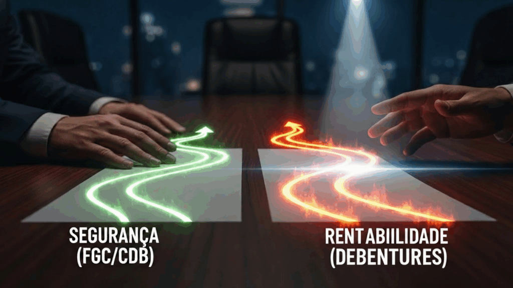 Vista de primeira pessoa de um investidor olhando para dois caminhos ou documentos: um representando a segurança (FGC/CDB) e o outro representando a rentabilidade (Debêntures). Um holofote ilumina a decisão de como investir em debêntures de forma segura. Foco na mão e nos documentos