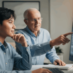 Uma pessoa jovem (iniciante) olhando para um monitor de computador ou tablet que exibe gráficos de ações e dados financeiros, com uma expressão de confiança e aprendizado. Ao lado, um mentor (pode ser uma figura simbólica ou uma mão orientando) aponta para um gráfico que mostra estabilidade e crescimento. O ambiente é iluminado e sugere um escritório doméstico moderno. Cores suaves e inspiradoras