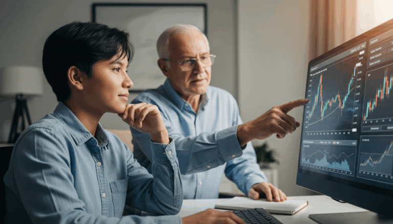 Uma pessoa jovem (iniciante) olhando para um monitor de computador ou tablet que exibe gráficos de ações e dados financeiros, com uma expressão de confiança e aprendizado. Ao lado, um mentor (pode ser uma figura simbólica ou uma mão orientando) aponta para um gráfico que mostra estabilidade e crescimento. O ambiente é iluminado e sugere um escritório doméstico moderno. Cores suaves e inspiradoras