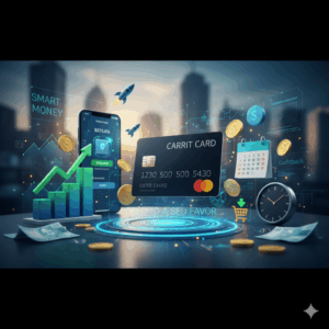 "Cartão de crédito em ambiente tecnológico com gráficos de crescimento, moedas, foguetes e calendário, simbolizando dicas práticas para usar o cartão de crédito e ganhos financeiros."