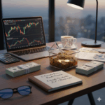 "Mesa de trabalho com notebook exibindo gráficos de investimento, pilhas de dinheiro rotuladas como 'dividendos' e 'bonificação', uma calculadora, uma xícara de café e um caderno com o título 'O Caminho Para a Renda Passiva: Entenda Dividendos, JCP e Bonificação'. A imagem ilustra conceitos de finanças e investimentos para geração de renda passiva."