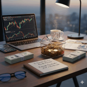 "Mesa de trabalho com notebook exibindo gráficos de investimento, pilhas de dinheiro rotuladas como 'dividendos' e 'bonificação', uma calculadora, uma xícara de café e um caderno com o título 'O Caminho Para a Renda Passiva: Entenda Dividendos, JCP e Bonificação'. A imagem ilustra conceitos de finanças e investimentos para geração de renda passiva."