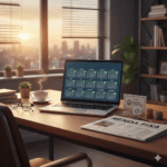 Mesa de escritório com notebook exibindo calendário de pagamentos, essencial para estratégias de dividendos mensais com renda fixa