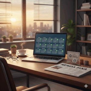 Mesa de escritório com notebook exibindo calendário de pagamentos, essencial para estratégias de dividendos mensais com renda fixa