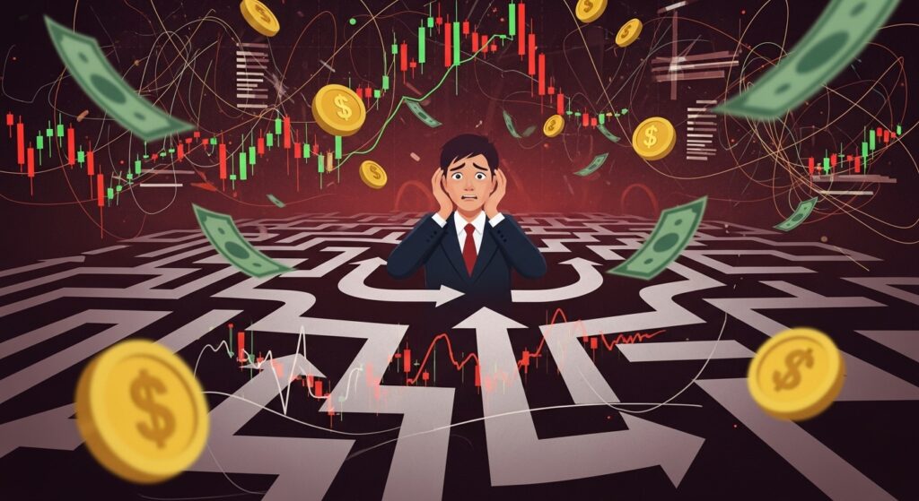 Uma pessoa com uma expressão de confusão ou arrependimento olhando para vários caminhos ou setas conflitantes em um labirinto financeiro. Símbolos de dinheiro e gráficos de ações aparecem distorcidos ou em queda ao redor. O ambiente tem tons mais escuros ou avermelhados, sugerindo perigo ou erro. Elementos abstratos de dados e linhas caóticas podem compor o fundo. Estilo que evoca a complexidade e os desafios