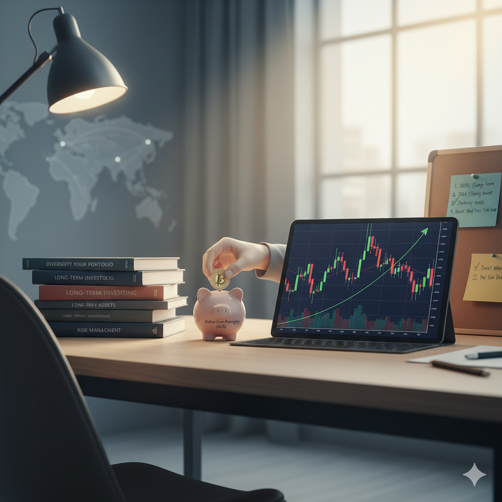 Ilustração que representa a estabilidade do investimento e o planejamento, contrastando com as flutuações de mercado, simbolizando o gerenciamento da volatilidade do bitcoin a longo prazo.