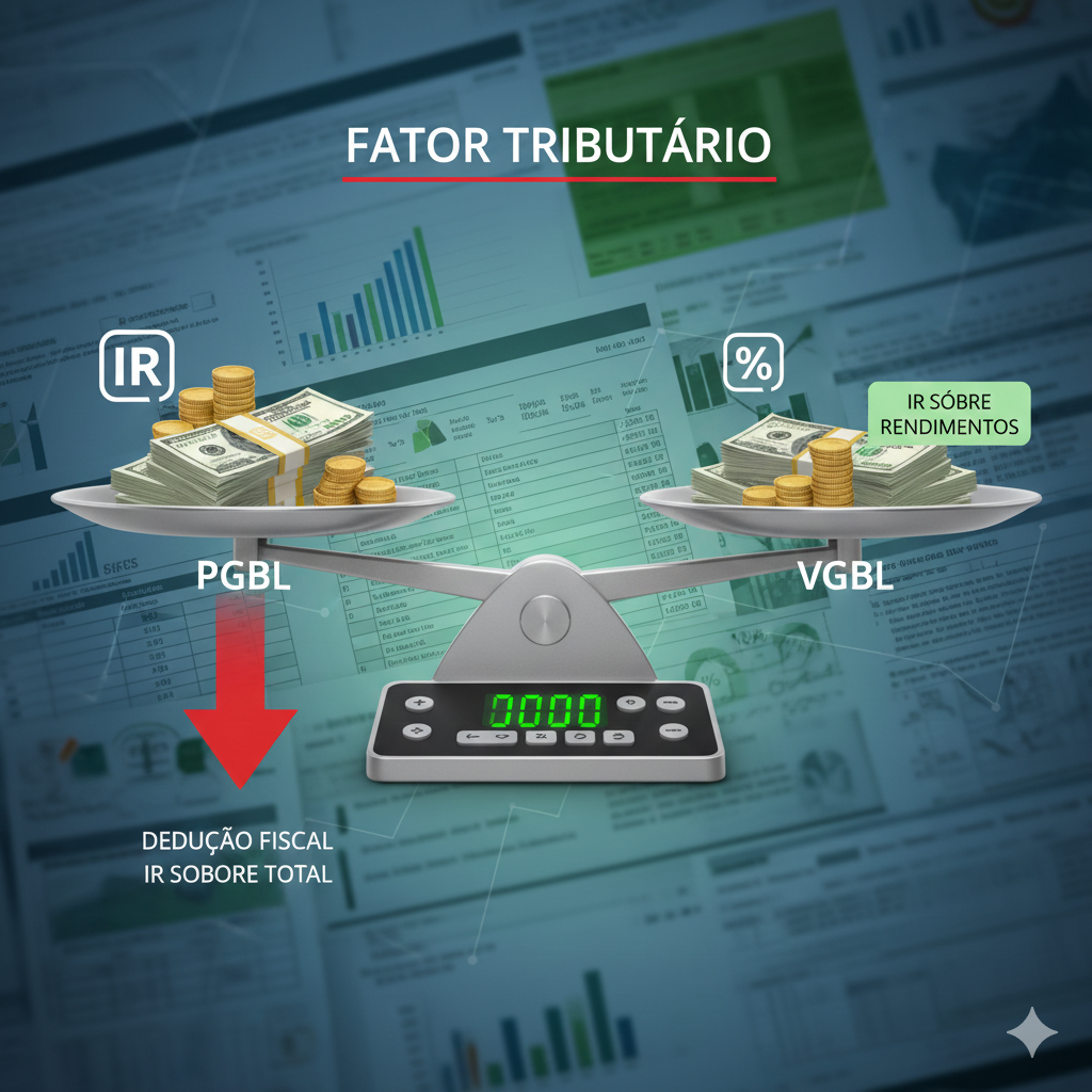 Uma imagem com foco claro na comparação de tributação. De um lado, elementos visuais que representem o PGBL: uma calculadora, um cifrão e talvez uma flecha para baixo, simbolizando a dedução fiscal. De outro lado, elementos visuais para o VGBL: um cofrinho ou pilha de dinheiro com uma porcentagem menor de imposto (indicando tributação apenas sobre rendimentos)
