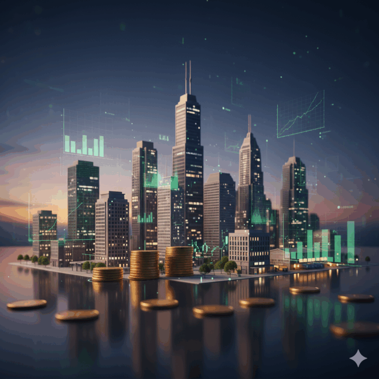 Vista aérea de uma cidade com arranha-céus modernos ao anoitecer, pilhas de moedas de ouro no primeiro plano e gráficos financeiros digitais transparentes flutuando ao redor, simbolizando a busca por Fundos Imobiliários Bons e Baratos e oportunidades de investimento