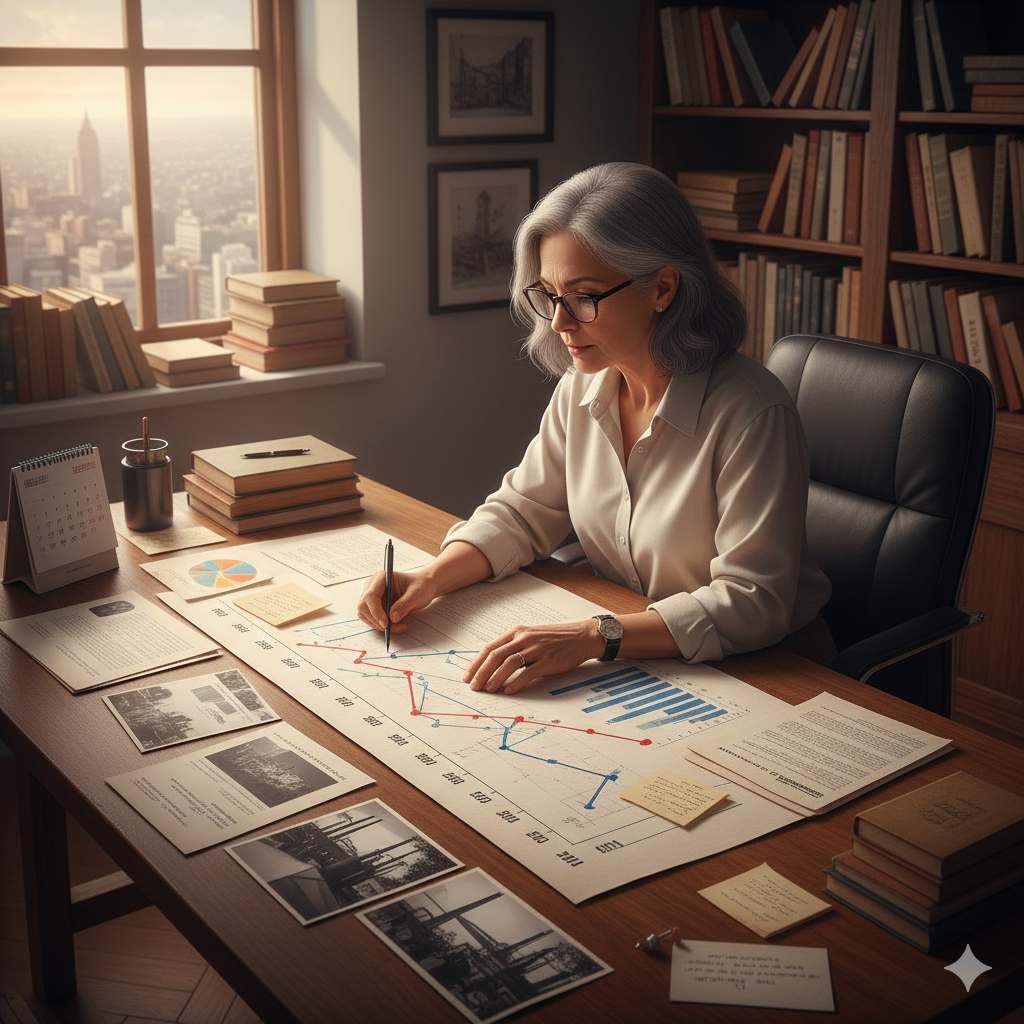 Mulher analisando gráficos de linha que mostram o desempenho histórico e a tendência de indicadores financeiros de uma empresa ao longo de vários anos.