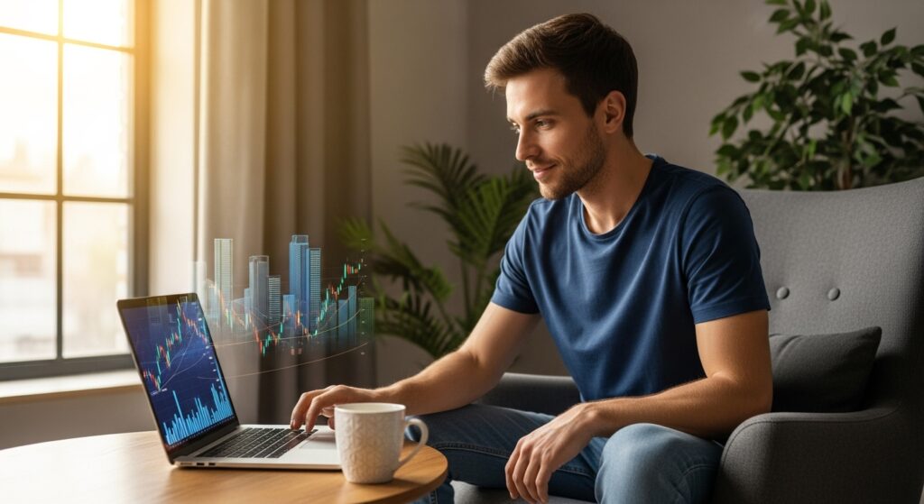 Um investidor jovem, de aparência amigável e casual (camiseta e jeans), sentado em uma poltrona confortável em casa, olhando atentamente para a tela de um laptop. No monitor, são exibidos gráficos e prédios. Há uma caneca de café ao lado dele e a luz da manhã entra pela janela. O ambiente é acolhedor e foca na concentração do investidor.