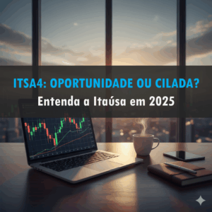 Mesa de investidor com laptop, gráficos de ações no monitor, café e vista panorâmica de prédios, simbolizando análise de mercado financeiro. No meio da foto tem o título: itsa4: oportunidade ou cilada?