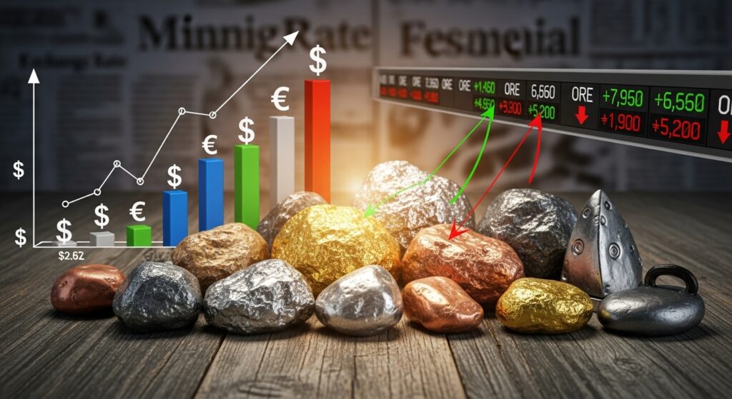 Ilustração de pedras de minérios e no fundo variação cambial e gráfico de barras ascendente.
