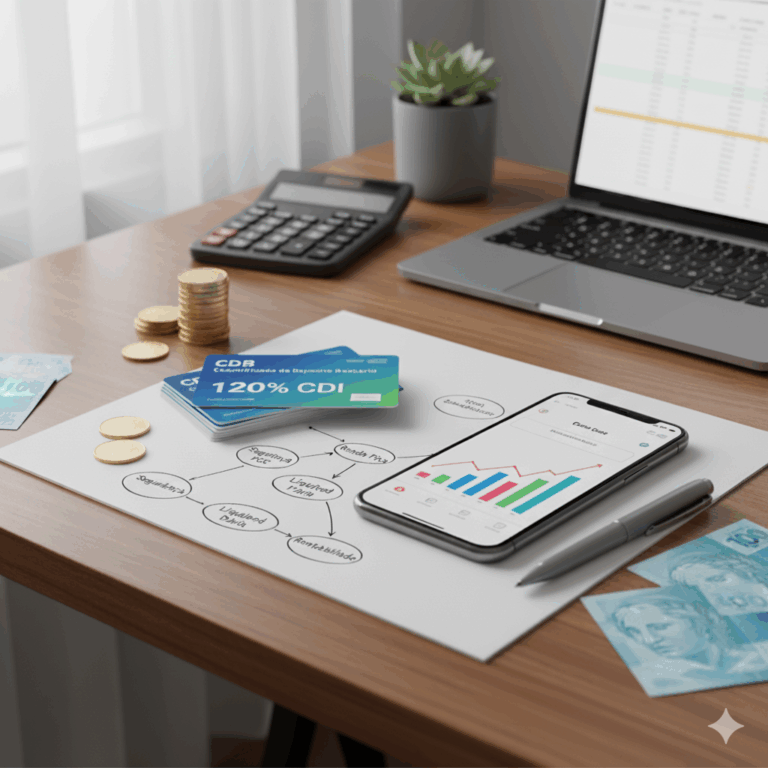 Diagrama de planejamento financeiro sobre uma mesa de escritório mostrando um notebook, calculadora e notas de dinheiro. No centro, um título de CDB de 120% do CDI, com um mapa mental que conecta o conceito a Renda Fixa, Segurança, Liquidez Diária e Rentabilidade, explicando o que é CDB e suas características principais.