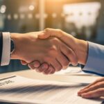 Duas mãos, uma de um representante de empresa com terno e outra de um investidor mais informal, apertando-se levemente sobre um documento aberto que exibe a palavra 'DEBÊNTURE' no cabeçalho. A iluminação é cálida e confiante, com um ambiente de negociação financeiro moderno e limpo. Estilo fotorealista, com cores profissionais e equilibradas