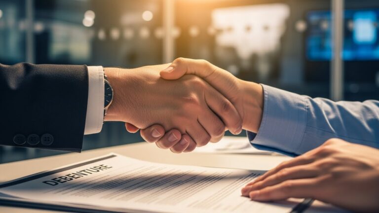 Duas mãos, uma de um representante de empresa com terno e outra de um investidor mais informal, apertando-se levemente sobre um documento aberto que exibe a palavra 'DEBÊNTURE' no cabeçalho. A iluminação é cálida e confiante, com um ambiente de negociação financeiro moderno e limpo. Estilo fotorealista, com cores profissionais e equilibradas