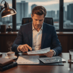 Homem em escritório moderno analisando atentamente um documento com a frase "PORTFÓLIO REVELADO" e gráficos, simbolizando a descoberta de onde os gestores investem em fundos.