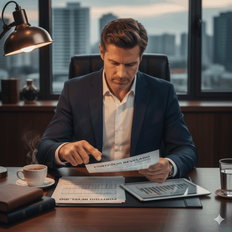 Homem em escritório moderno analisando atentamente um documento com a frase "PORTFÓLIO REVELADO" e gráficos, simbolizando a descoberta de onde os gestores investem em fundos.